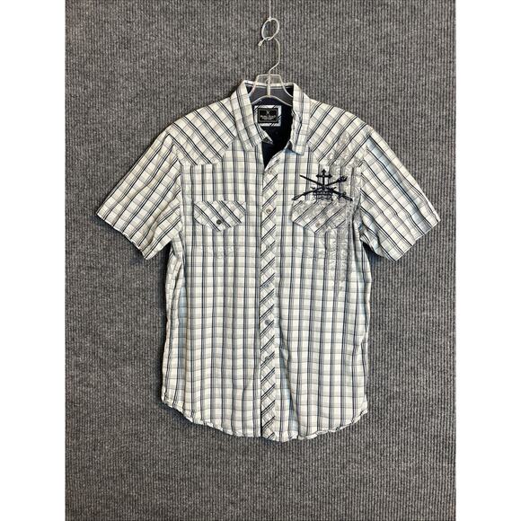 Marc Ecko Mens Button Up Shirt Size Large Plaid Embroidered Y2K Rockabilly - Picture 1 of 8